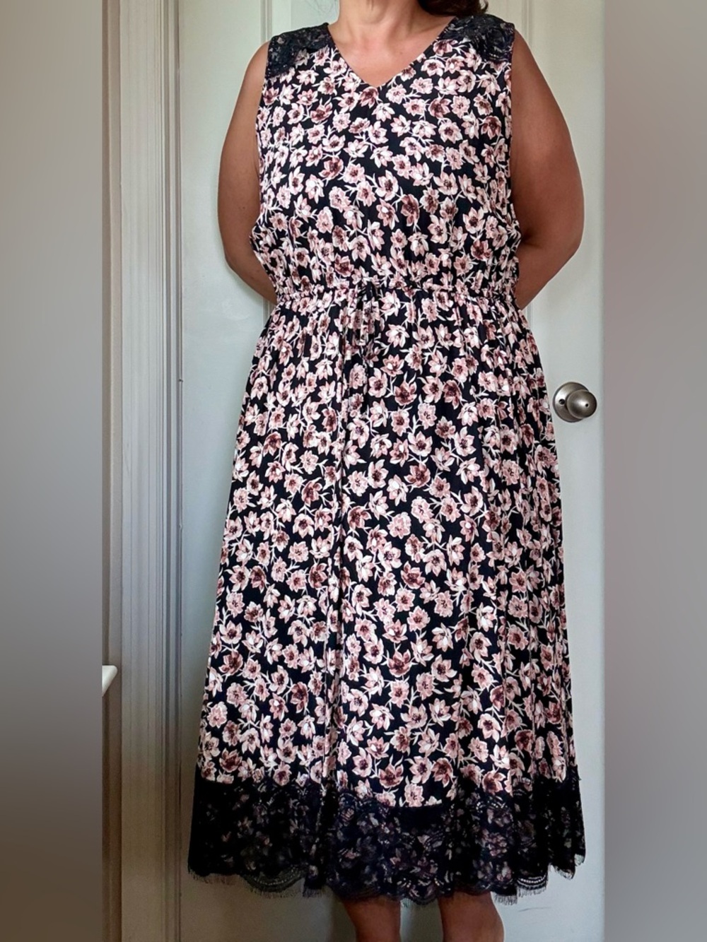 LOFT Black Floral Lace-Hem Midi Dress